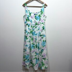 Old Navy Womens Linen Blend Floral Midi Sundress White Blue Cottagecore Size M